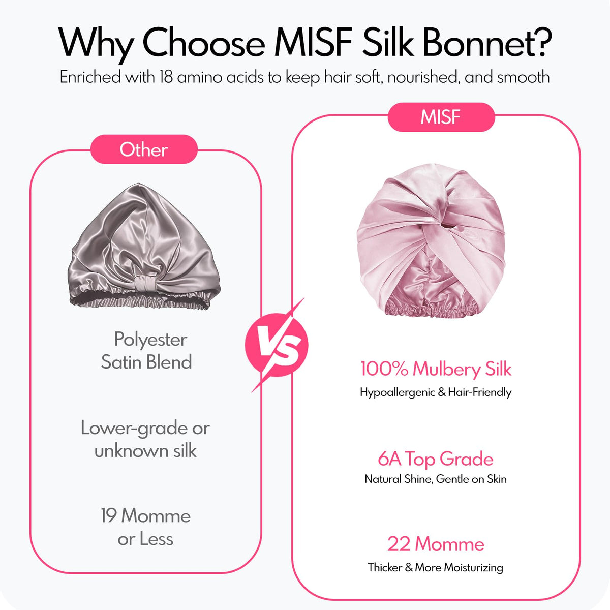 Close-up of MISF pink 22 Momme silk bonnet stitching and reinforced seam
