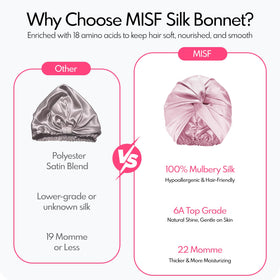 Close-up of MISF pink 22 Momme silk bonnet stitching and reinforced seam