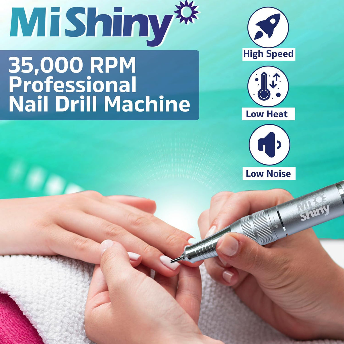 MiShiny nail drill in-use visuals highlight ergonomic grip and smooth operation.