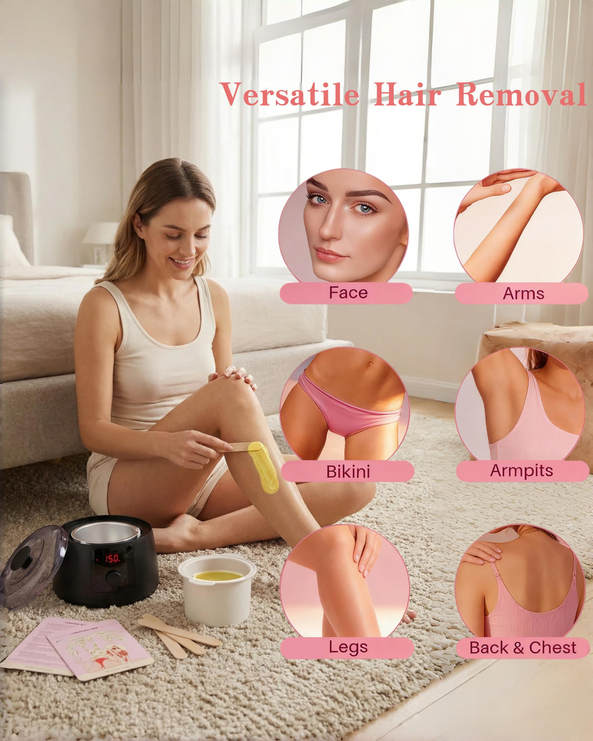 Five packs of natural wax beads for versatile hair types and areas