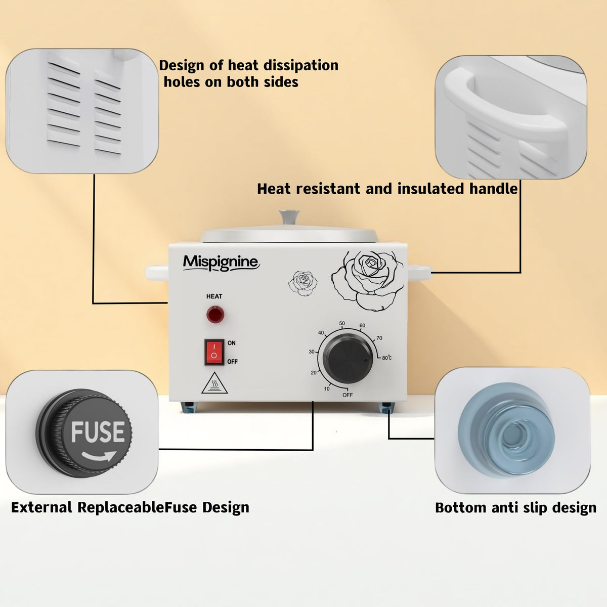 Mispignine wax warmer anti-slip feet stabilizing on busy spa floors.