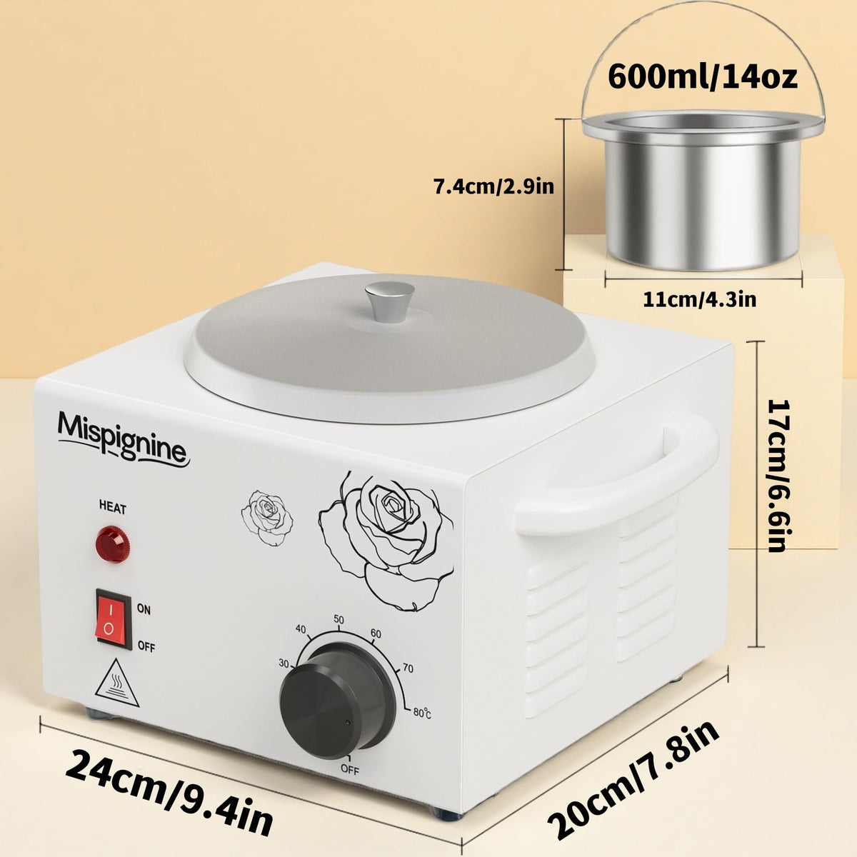 Mispignine wax warmer with 14oz capacity for large batch melting in salons.