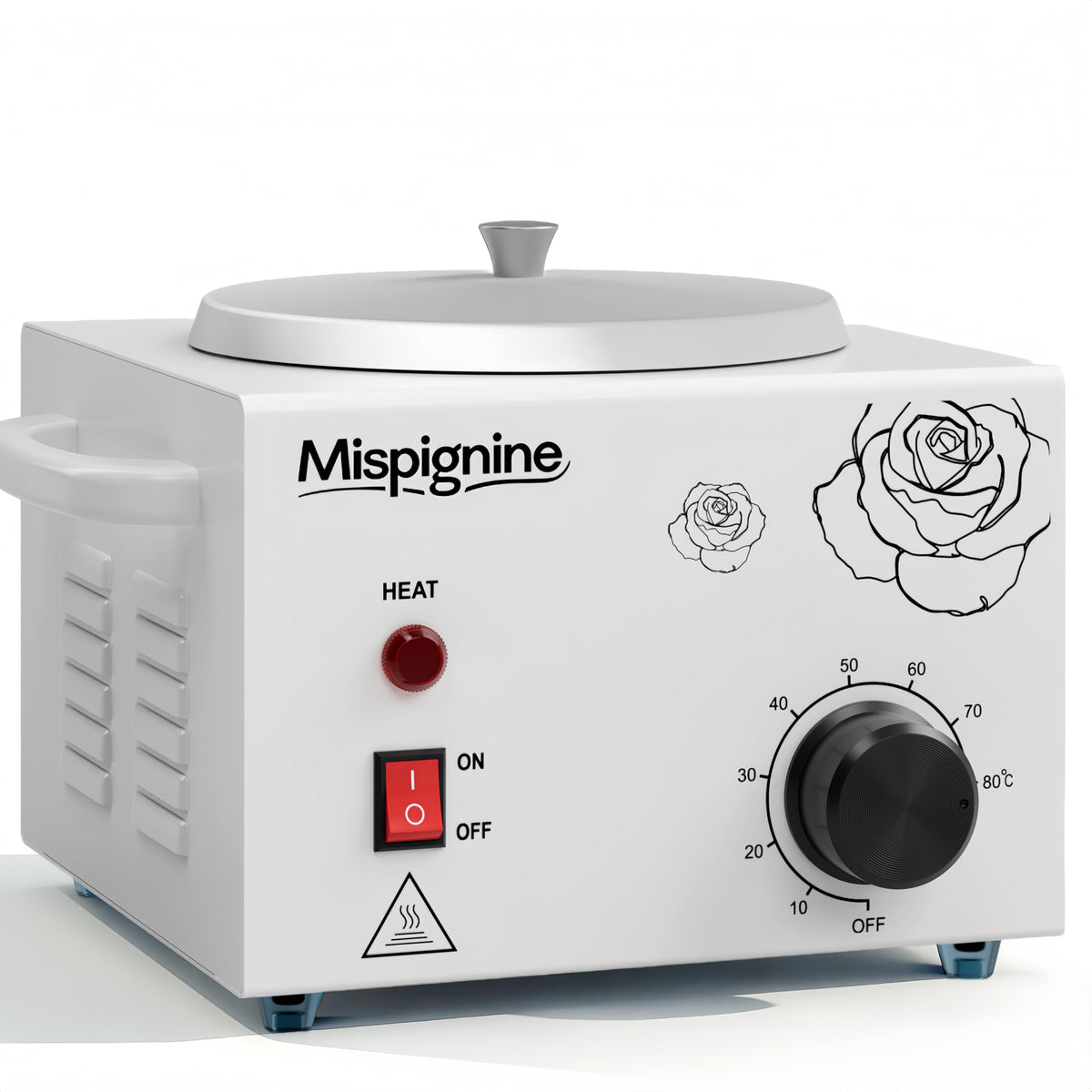 Mispignine wax warmer front view showing professional design for salon use and waxing setups.