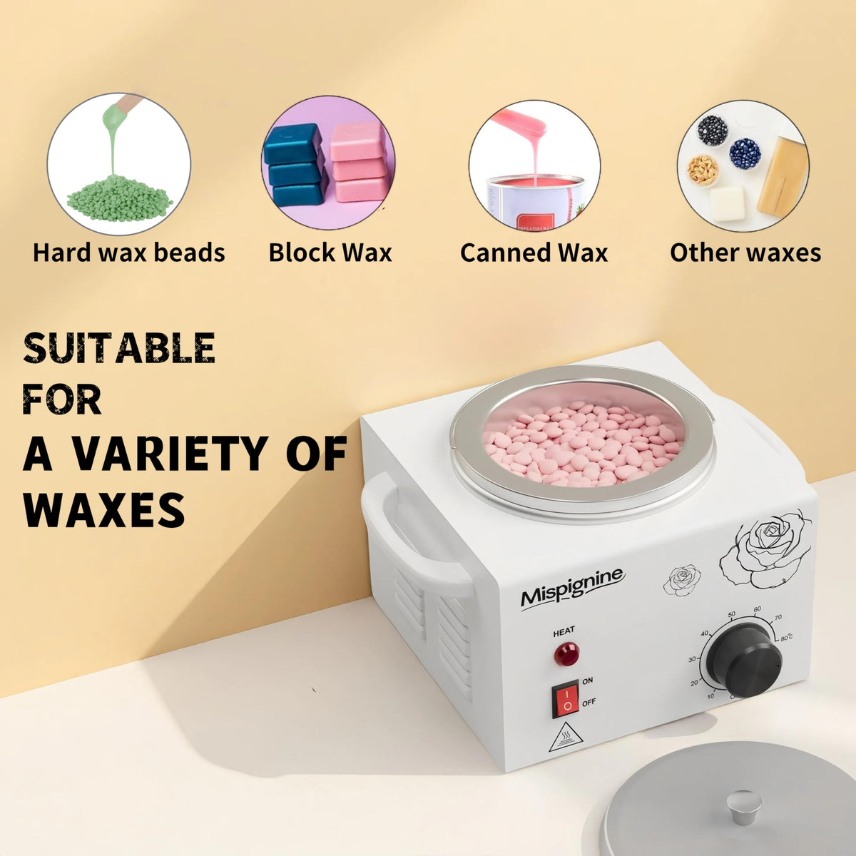 Mispignine wax warmer temperature knob for precise heat control during sessions.