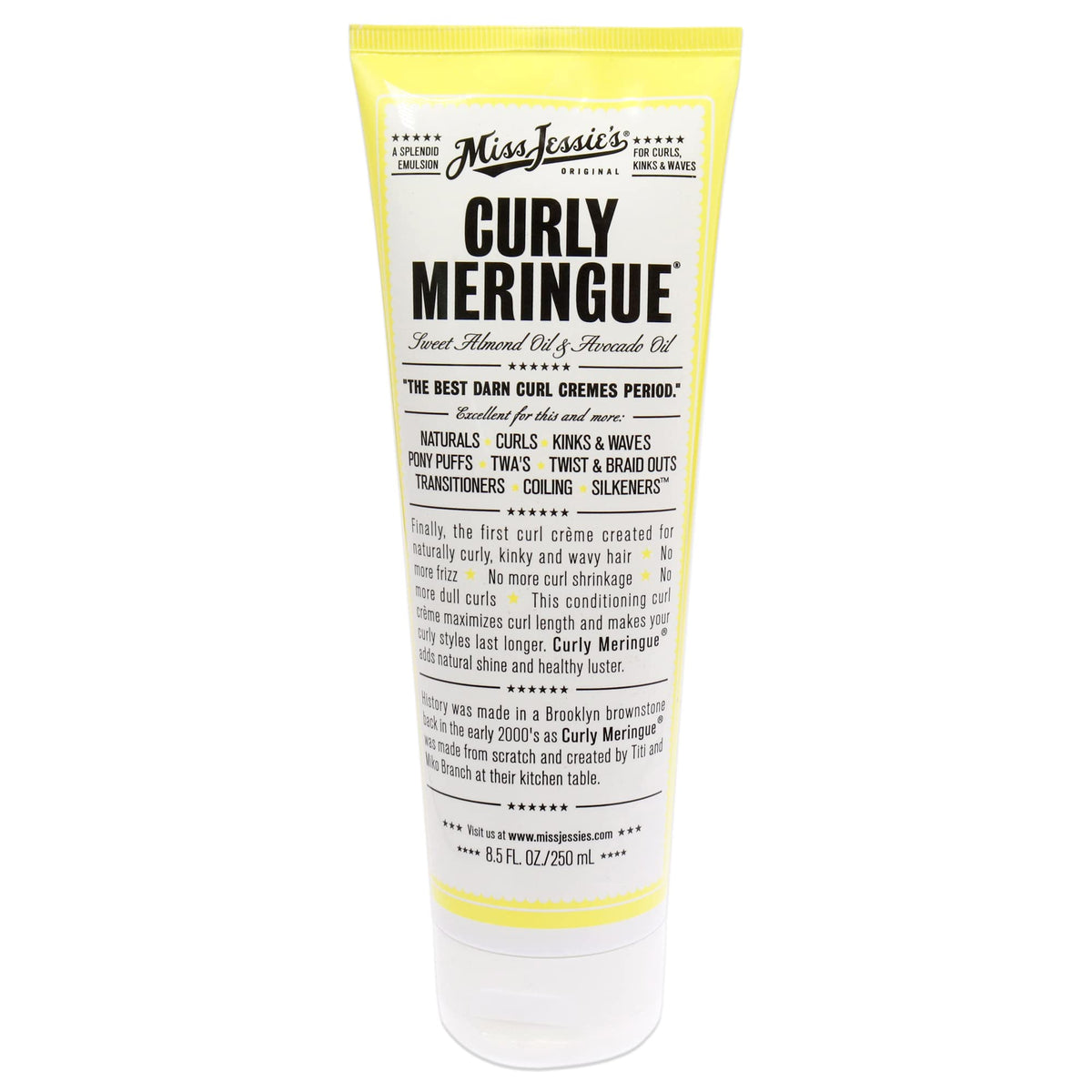 Miss Jessie's Curly Meringue bottle pour demonstrates frizz-control for defined curls.