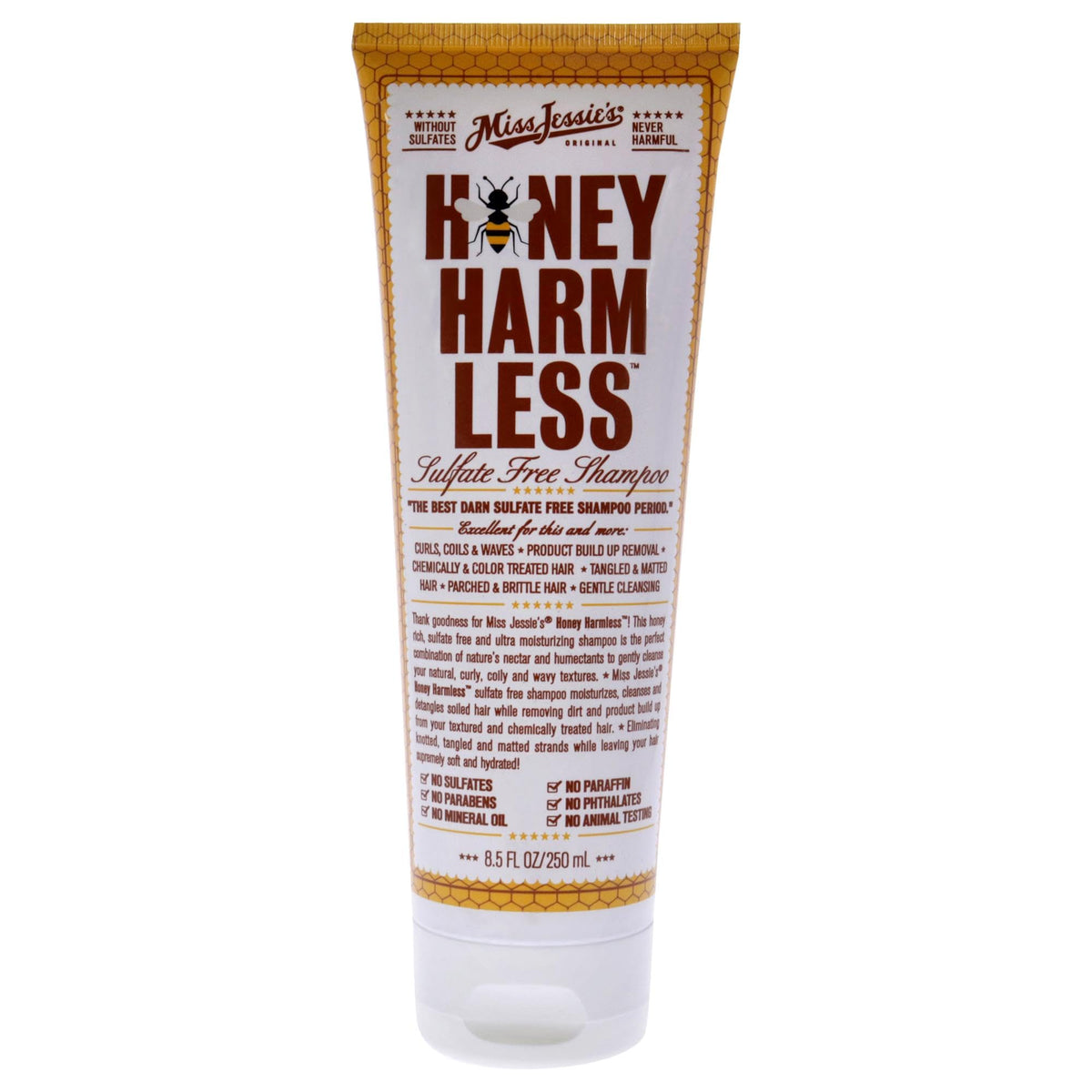 Miss Jessie's Honey Harm Less Shampoo bottle pouring for smooth detangling.