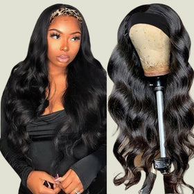 Miss Lee headband wig glueless body wave 18 inch on model for easy wear and natural look.