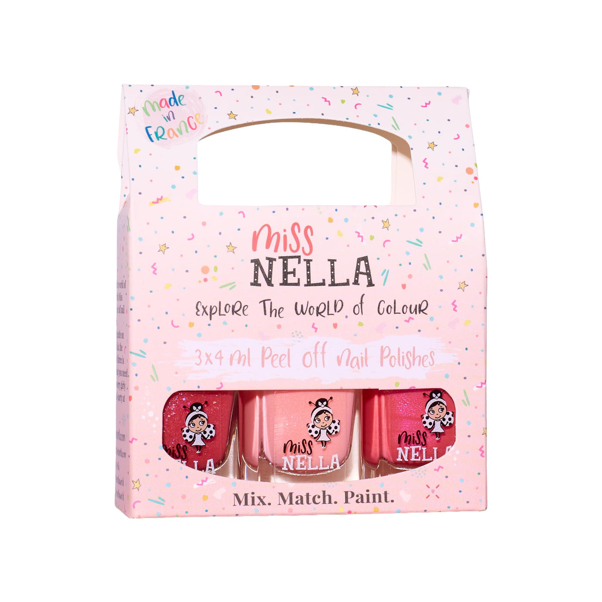 MISS NELLA Pink Glitter Attack peel-off polish on tiny nails for playful shine and safe removal.