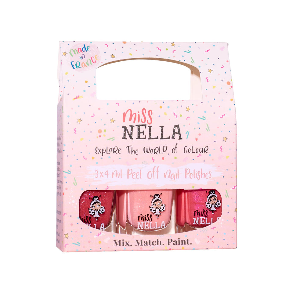 MISS NELLA Pink Glitter Attack peel-off polish on tiny nails for playful shine and safe removal.