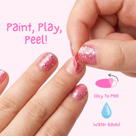 MISS NELLA Pink Glitter Attack polish shown on small fingers for bright color with easy removal.