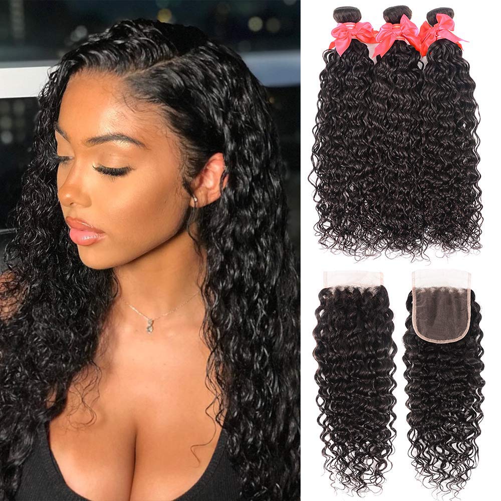 Miss GAGA wet and wavy bundles with closure front view showing natural movement and seamless scalp illusion