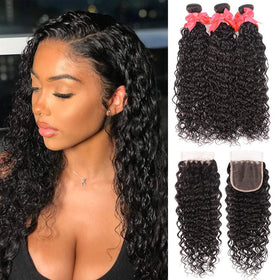 Miss GAGA wet and wavy bundles with closure front view showing natural movement and seamless scalp illusion