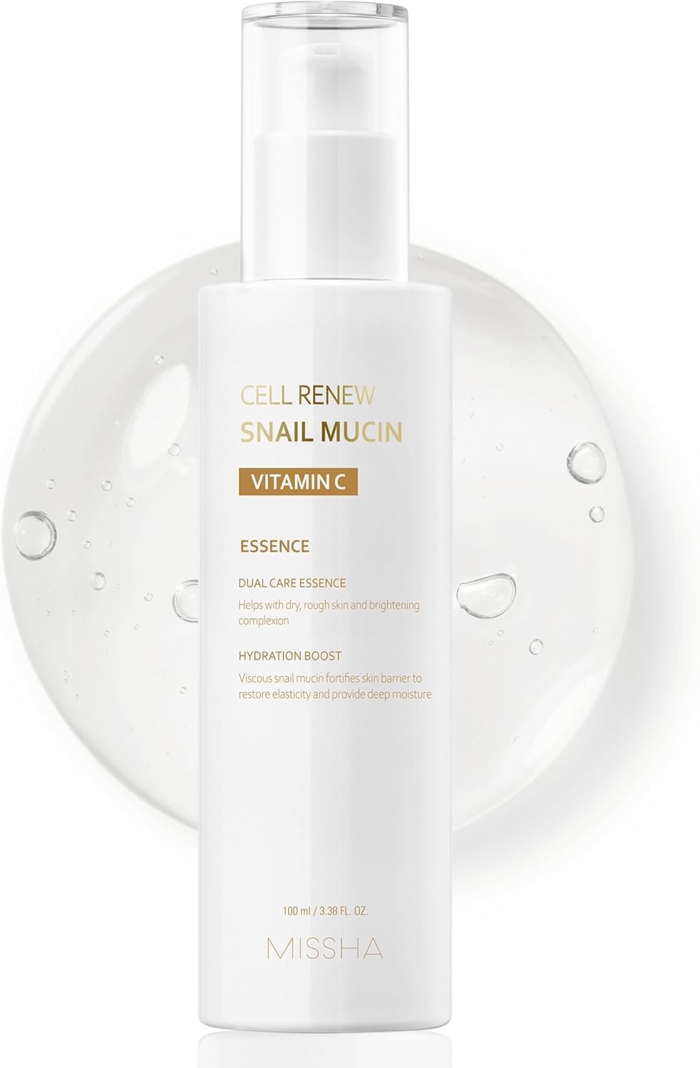 MISSHA Cell Renew Snail Mucin Vitamin C Essence bottle for hydrating, glow-friendly skin.