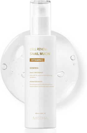 MISSHA Cell Renew Snail Mucin Vitamin C Essence bottle for hydrating, glow-friendly skin.