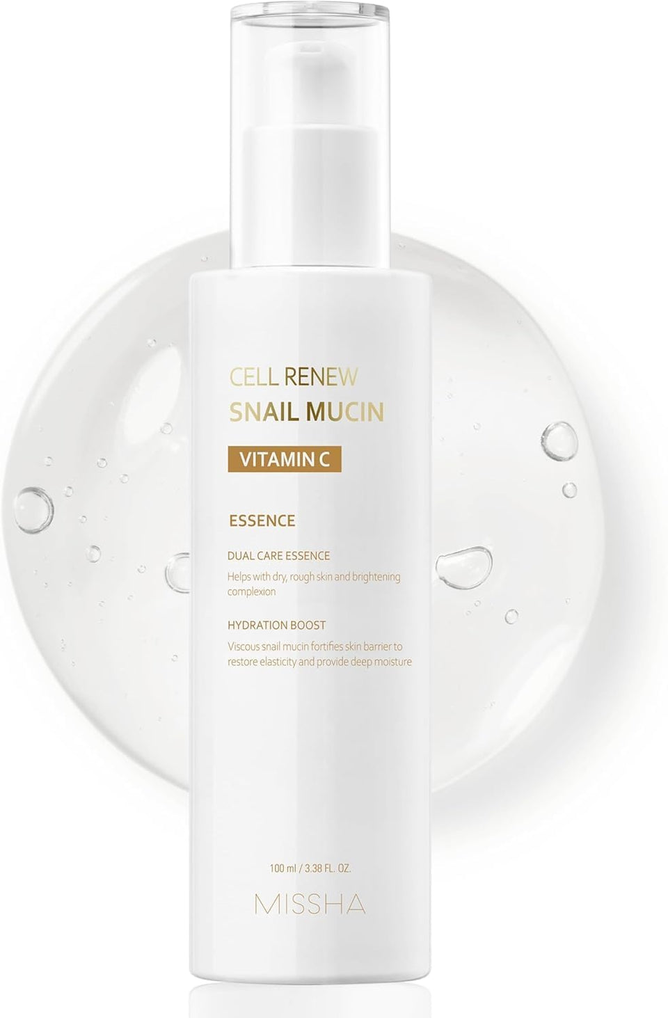 MISSHA Cell Renew Snail Mucin Vitamin C Essence bottle for hydrating, glow-friendly skin.