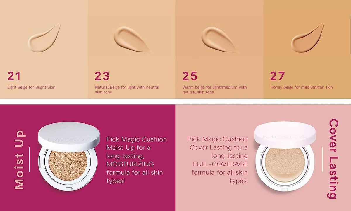 MISSHA Magic Cushion No.21 dewy finish on skin with botanical hydration.