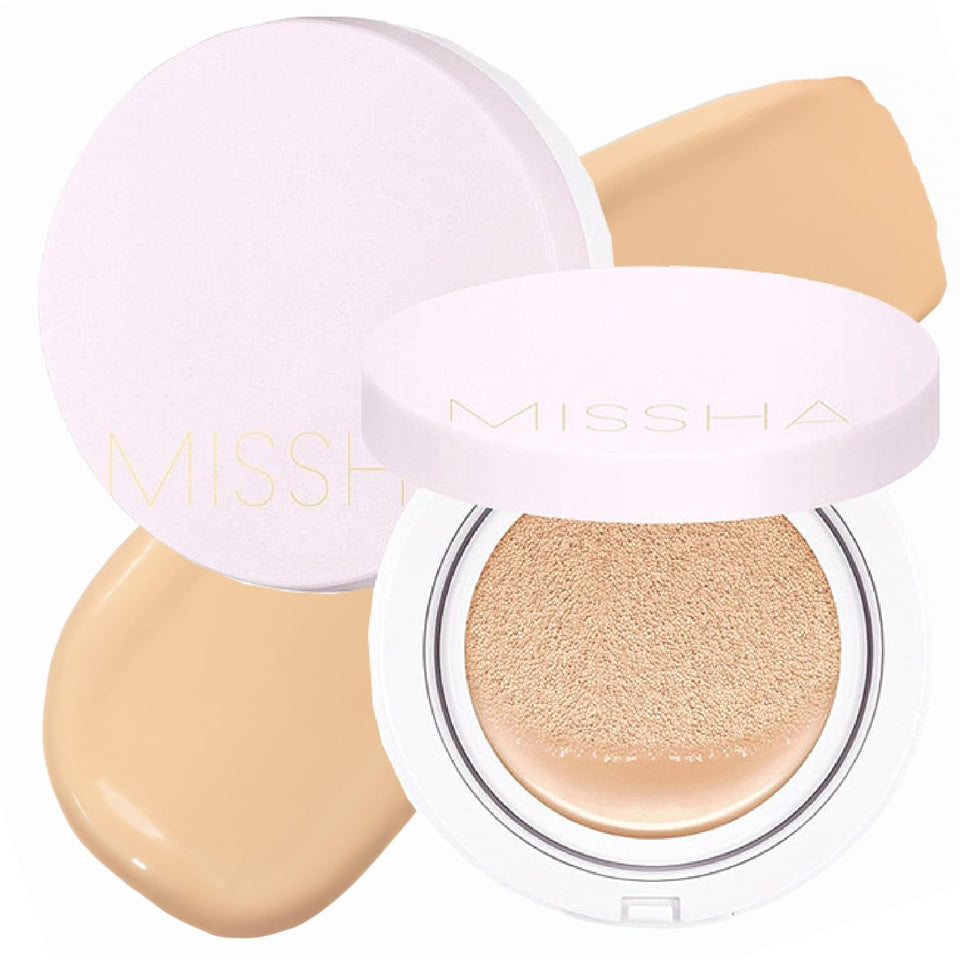 Missha Magic Cushion No.23 compact close-up reveals luminous, bright skin.