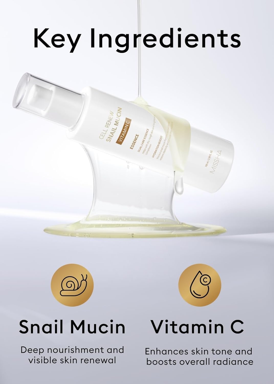 MISSHA Snail Mucin Vitamin C essence dropper in action shows precise application.
