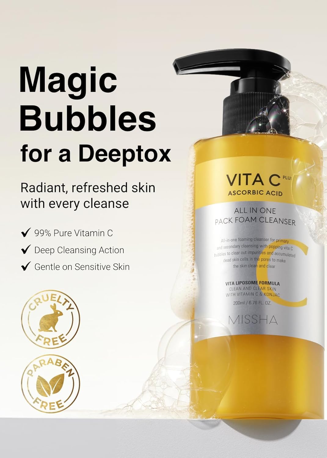 Close-up of bubbles forming on MISSHA Vita C cleanser during application