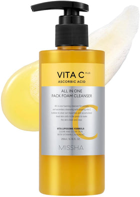 MISSHA Vita C Bubble Foam cleanser packaging showing vitamin C benefits for brightening