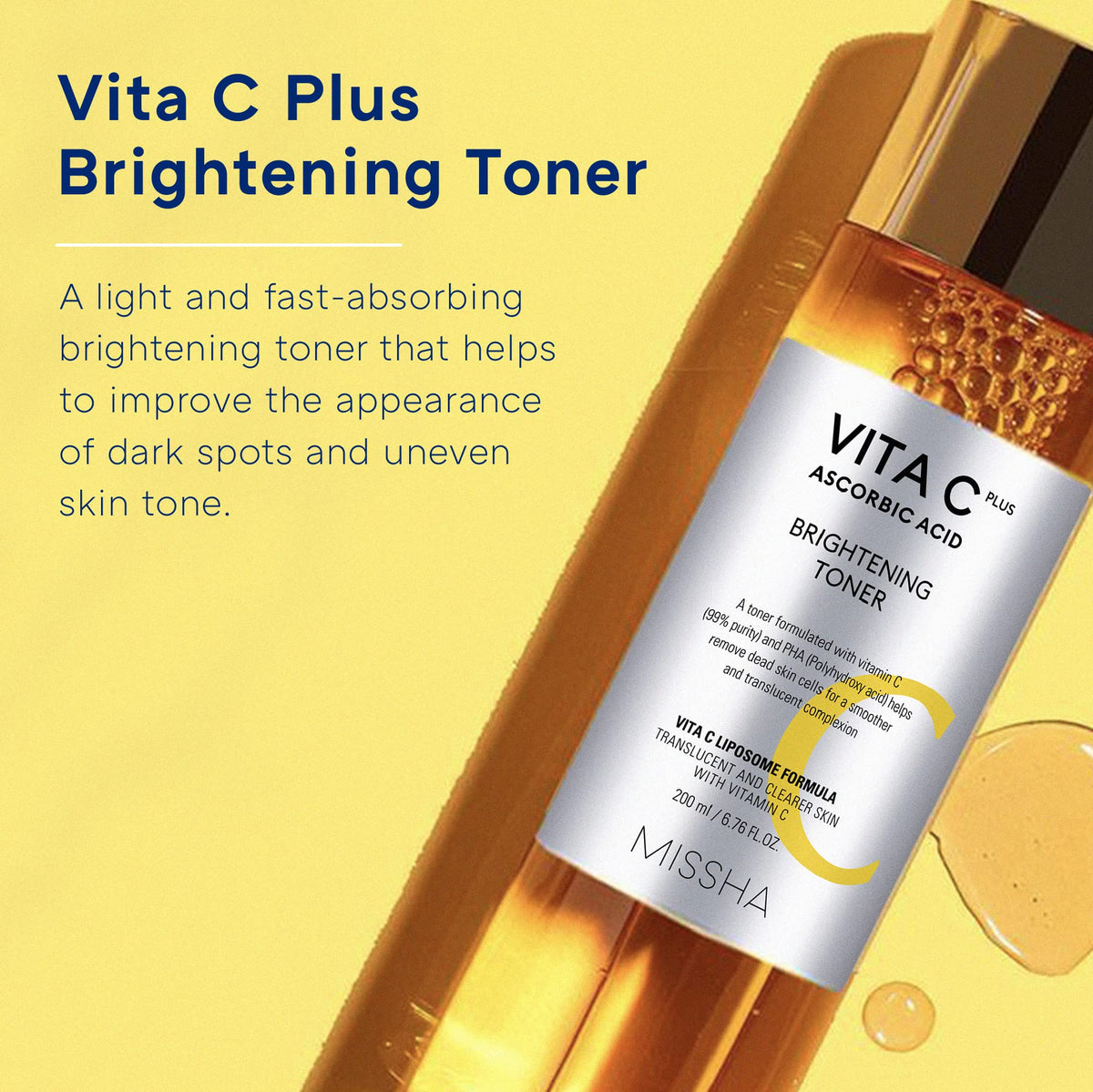 Close-up of MISSHA Vita C Plus Brightening Toner liquid emphasizing vitamin C brightness.