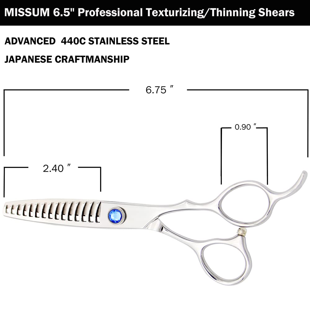MISSUM texturizing scissors blades closeup highlighting sharp Japanese steel.