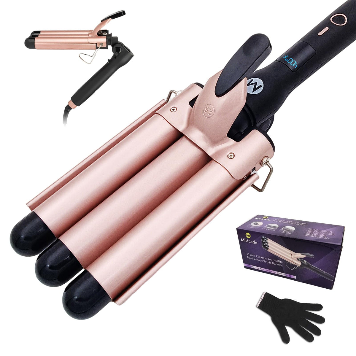 Mistcado 3-barrel curling iron foldable for travel and storage