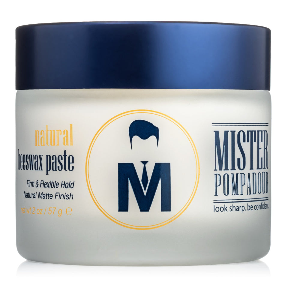 Mister Pompadour Beeswax Paste jar closeup highlighting matte hold
