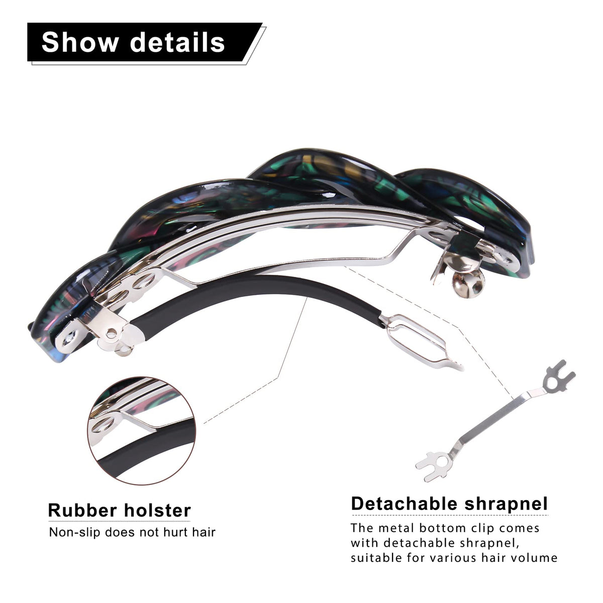 Mistofu barrette with non-slip leather base protects hair while holding styles in place.