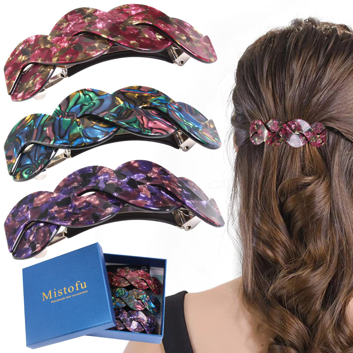 Mistofu barrette front view in tortoiseshell-abalone pattern secures thick hair all day.