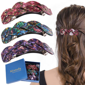 Mistofu barrette front view in tortoiseshell-abalone pattern secures thick hair all day.
