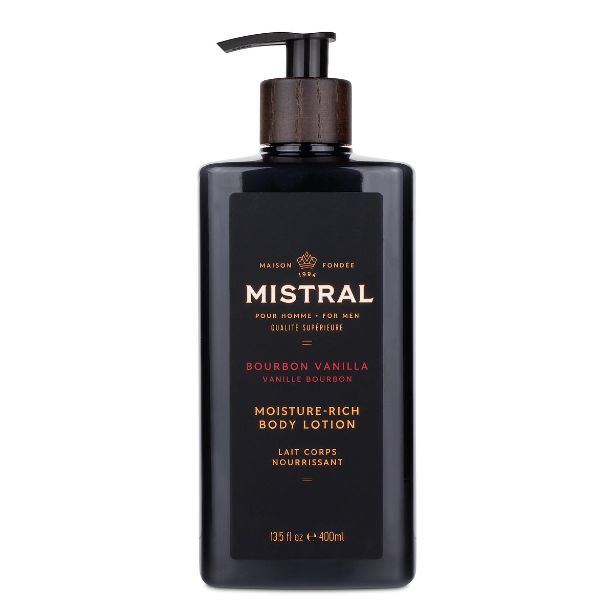 Mistral Bourbon Vanilla Body Lotion bottle for daily, fast-absorbing hydration.