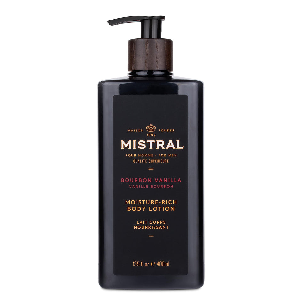 Mistral Bourbon Vanilla Body Lotion bottle for daily, fast-absorbing hydration.