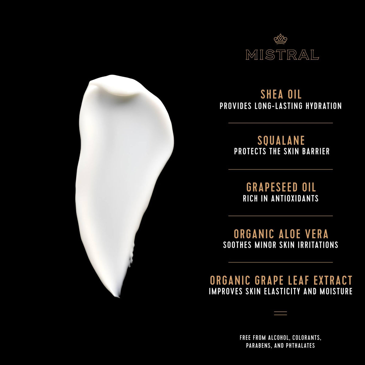 Ingredients highlight squalane, shea oil, and grapeseed oil for moisture.