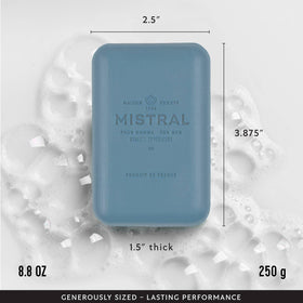 Mistral Cedarwood Marine soap lather reveals creamy, skin-friendly formula