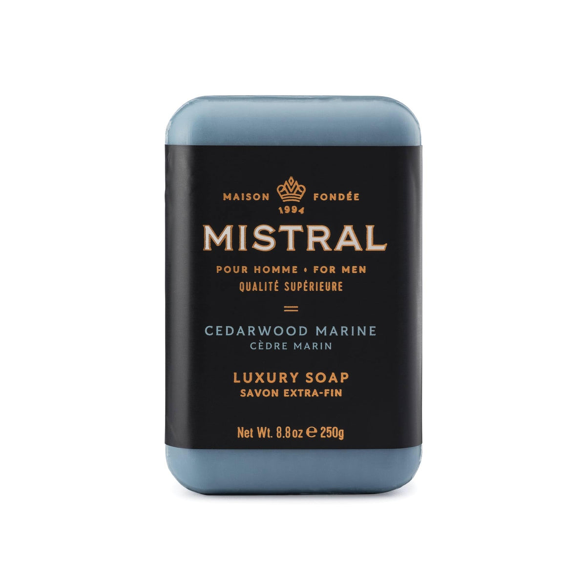 Mistral Cedarwood Marine bar soap pack shot highlights the large 8.8 oz bar with lasting fragrance