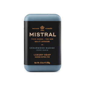 Mistral Cedarwood Marine bar soap pack shot highlights the large 8.8 oz bar with lasting fragrance