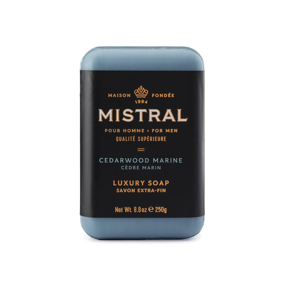 Mistral Cedarwood Marine bar soap pack shot highlights the large 8.8 oz bar with lasting fragrance