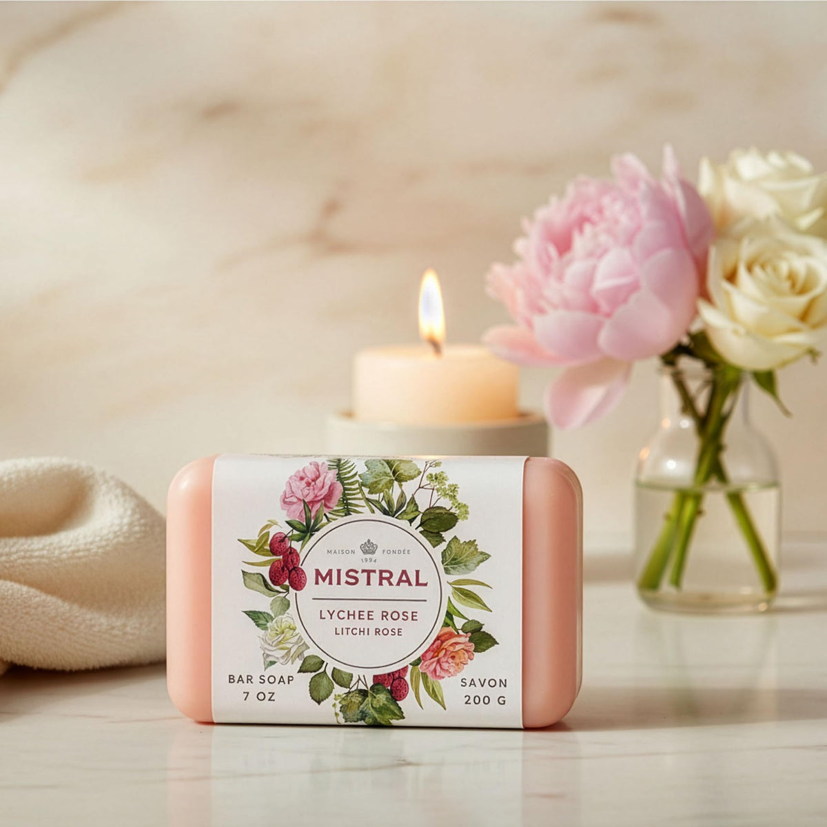 Mistral Classic Lychee Rose gift pack, scented soap ideal for gifting.