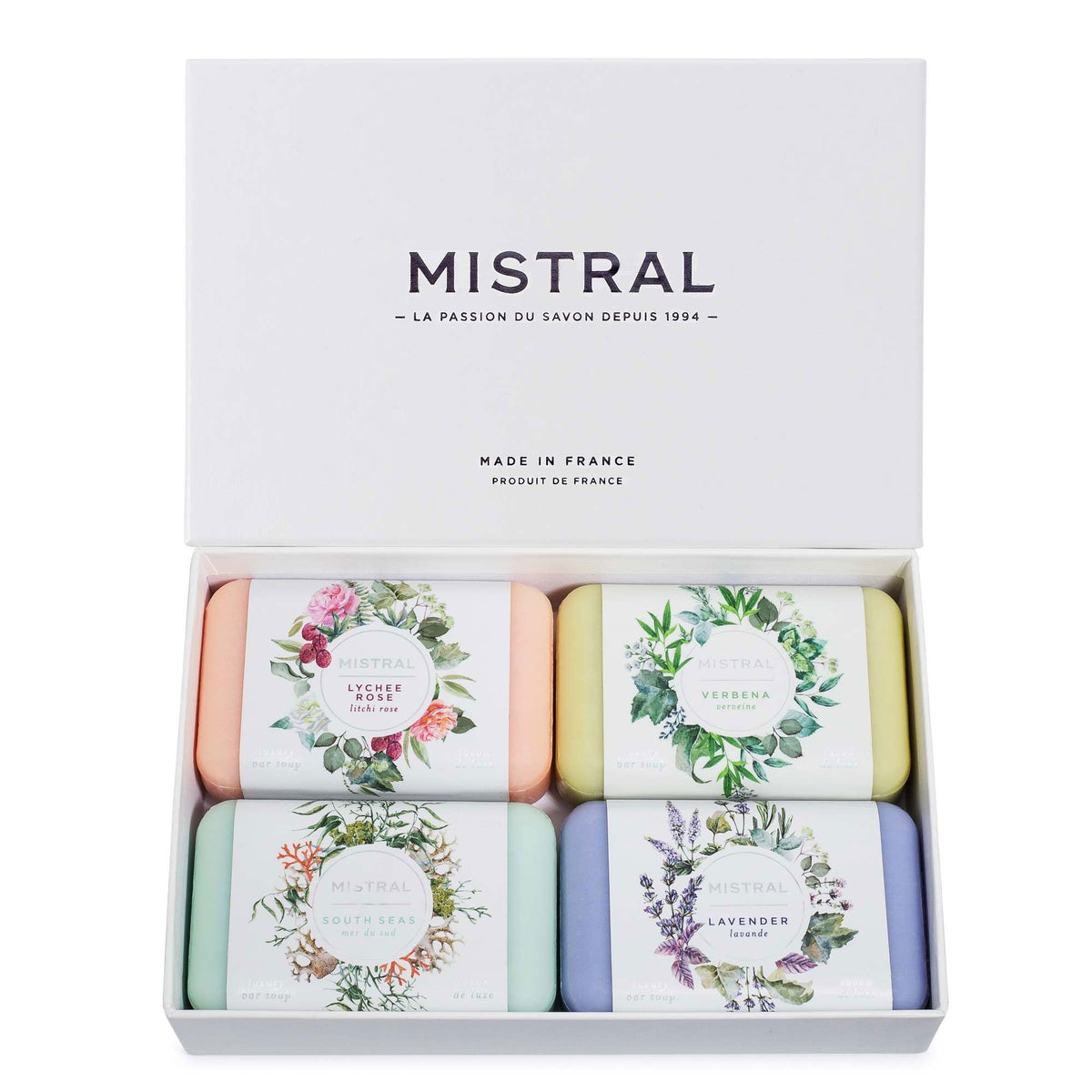 Mistral Classic French Bar Soap assortment with four bars delivering lasting moisture and fragrant lather.
