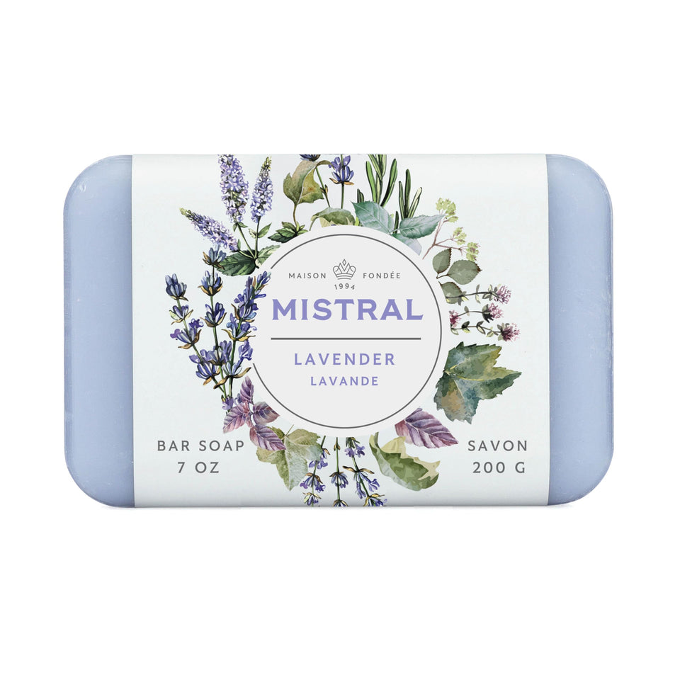Mistral Classic Lavender bar soap image showing triple-milled texture for lasting moisture.