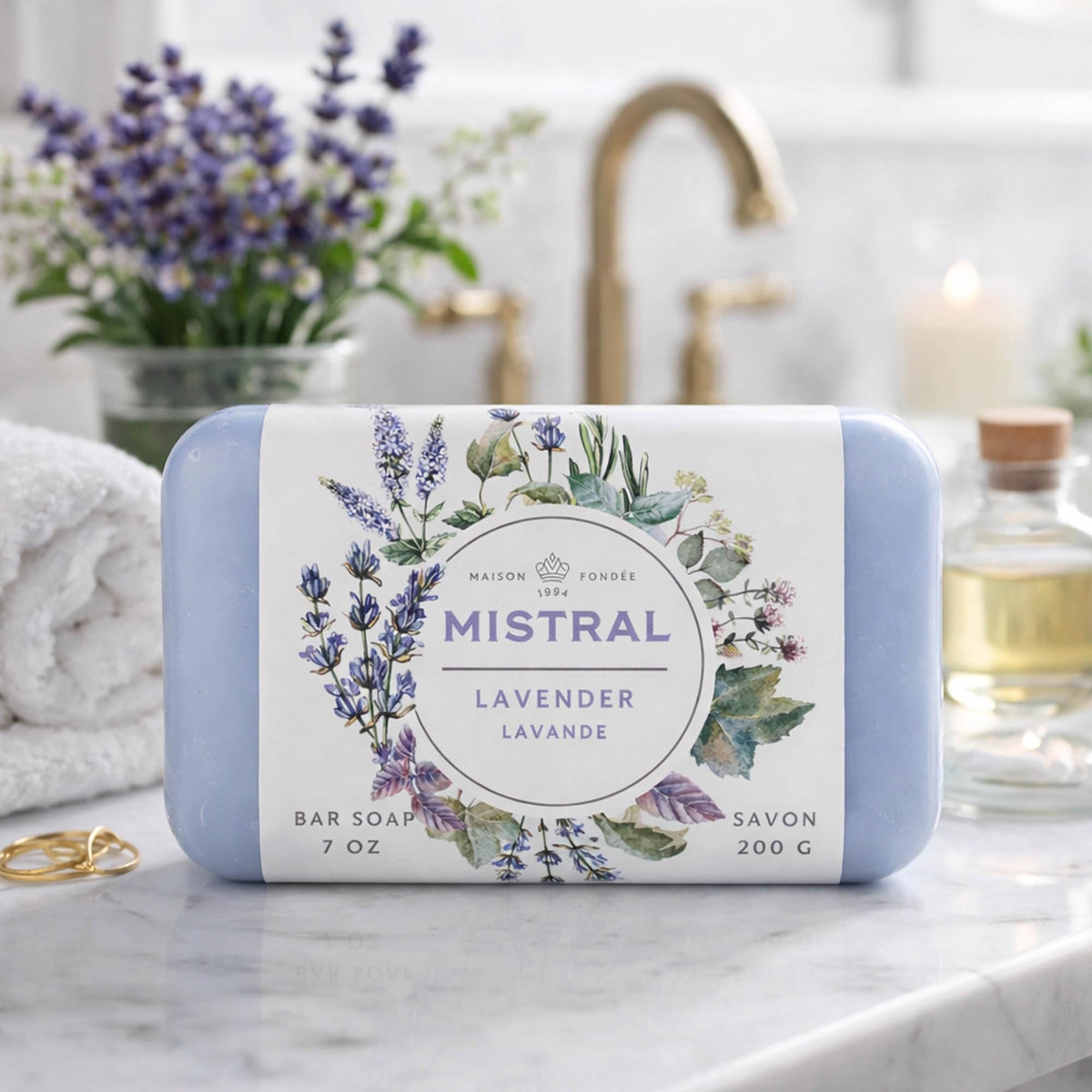 Mistral lavender soap bar close-up showcases premium triple-milled craftsmanship.