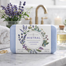 Mistral lavender soap bar close-up showcases premium triple-milled craftsmanship.