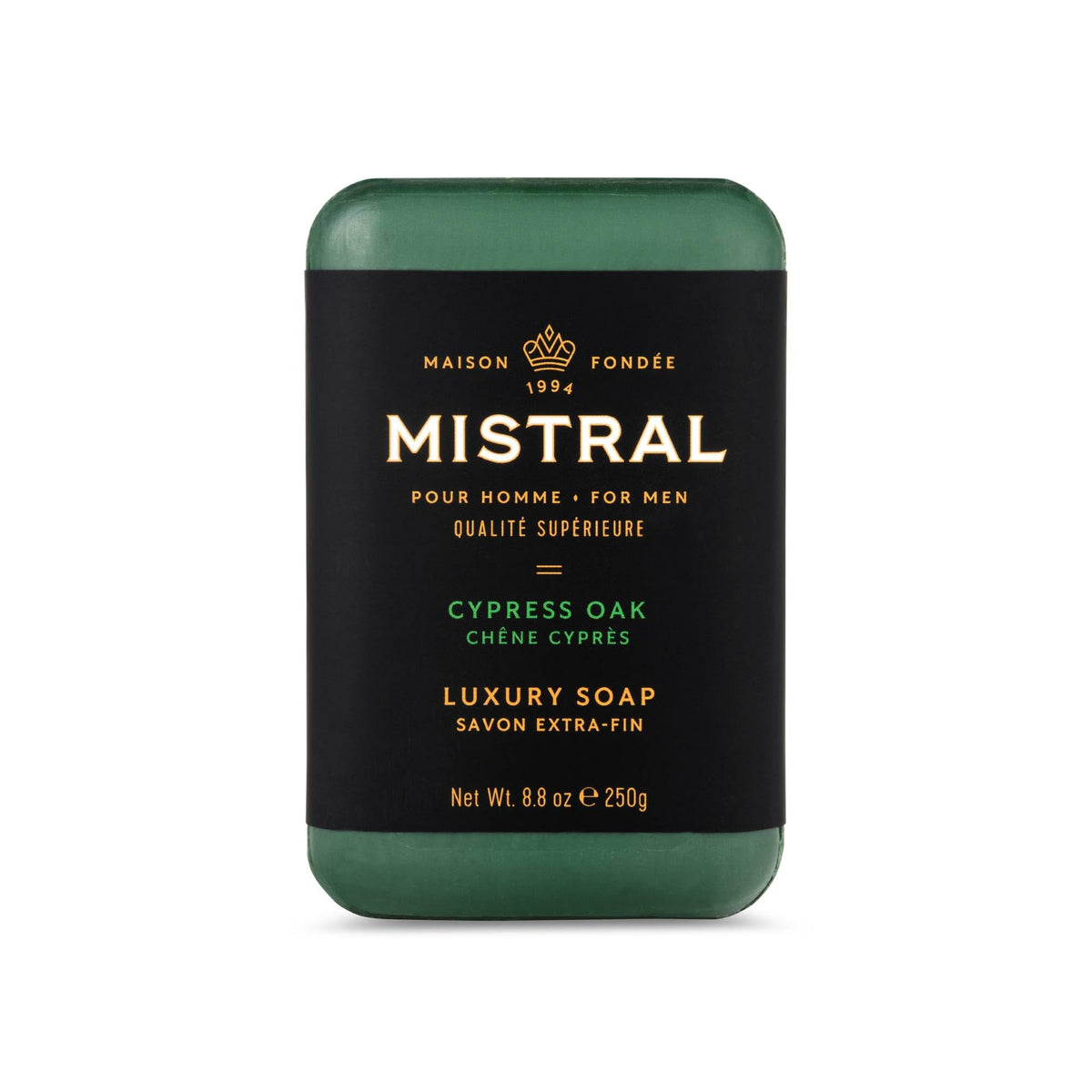 Mistral Cypress Oak bar soap lathers into rich foam for a refreshing cleanse.