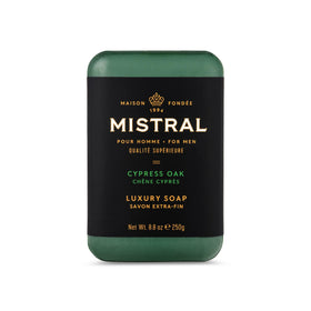 Mistral Cypress Oak bar soap lathers into rich foam for a refreshing cleanse.