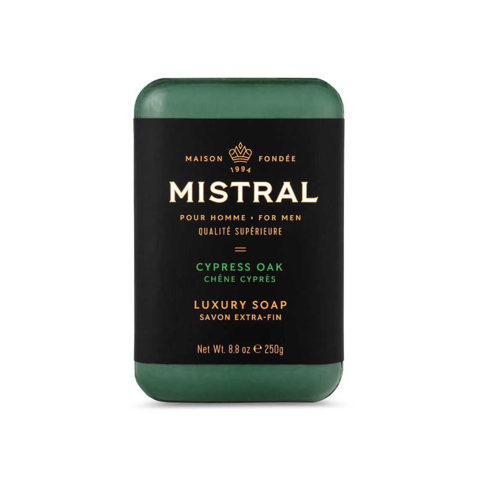 Mistral Cypress Oak bar soap lathers into rich foam for a refreshing cleanse.