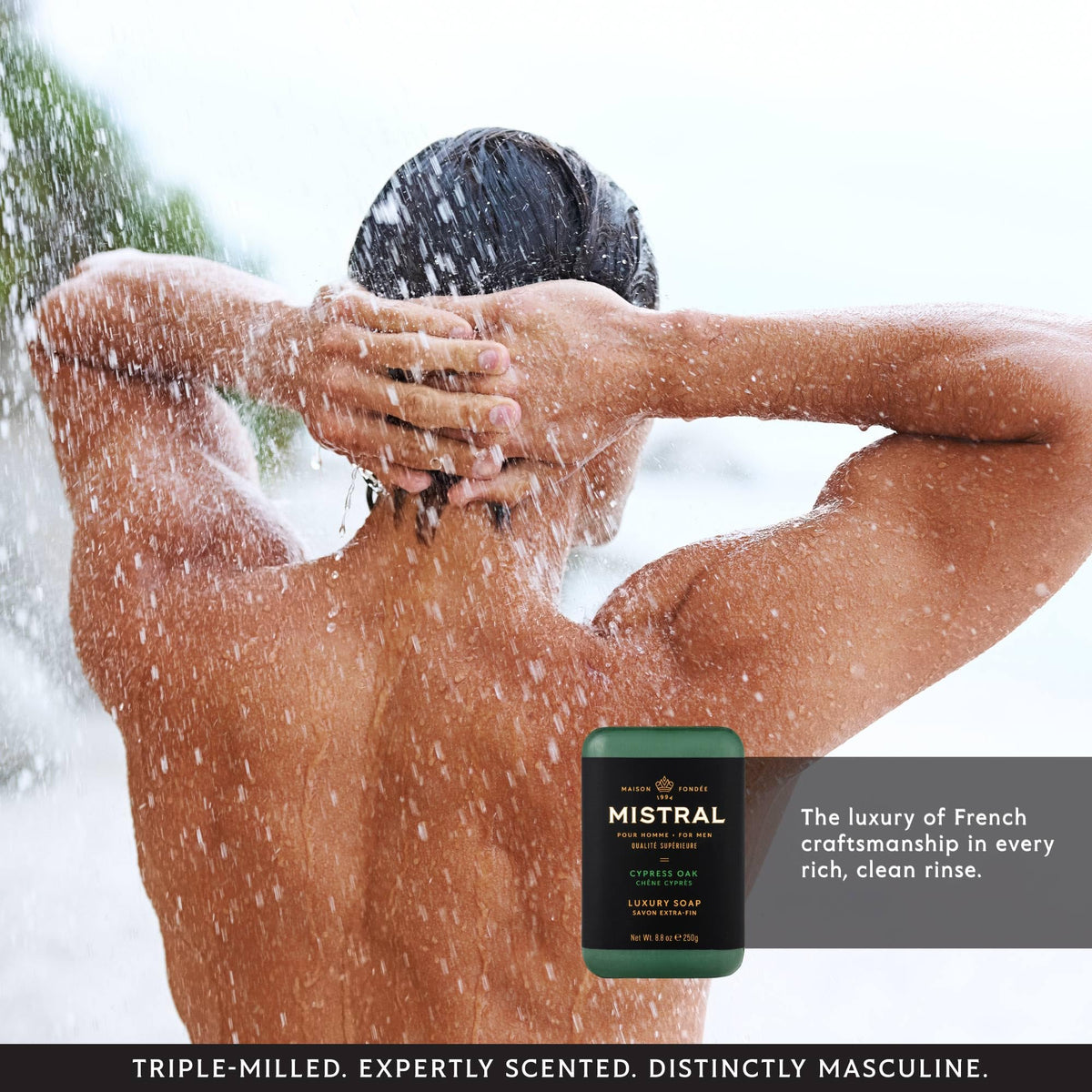 Mistral Cypress Oak soap made in France ensures premium craftsmanship.