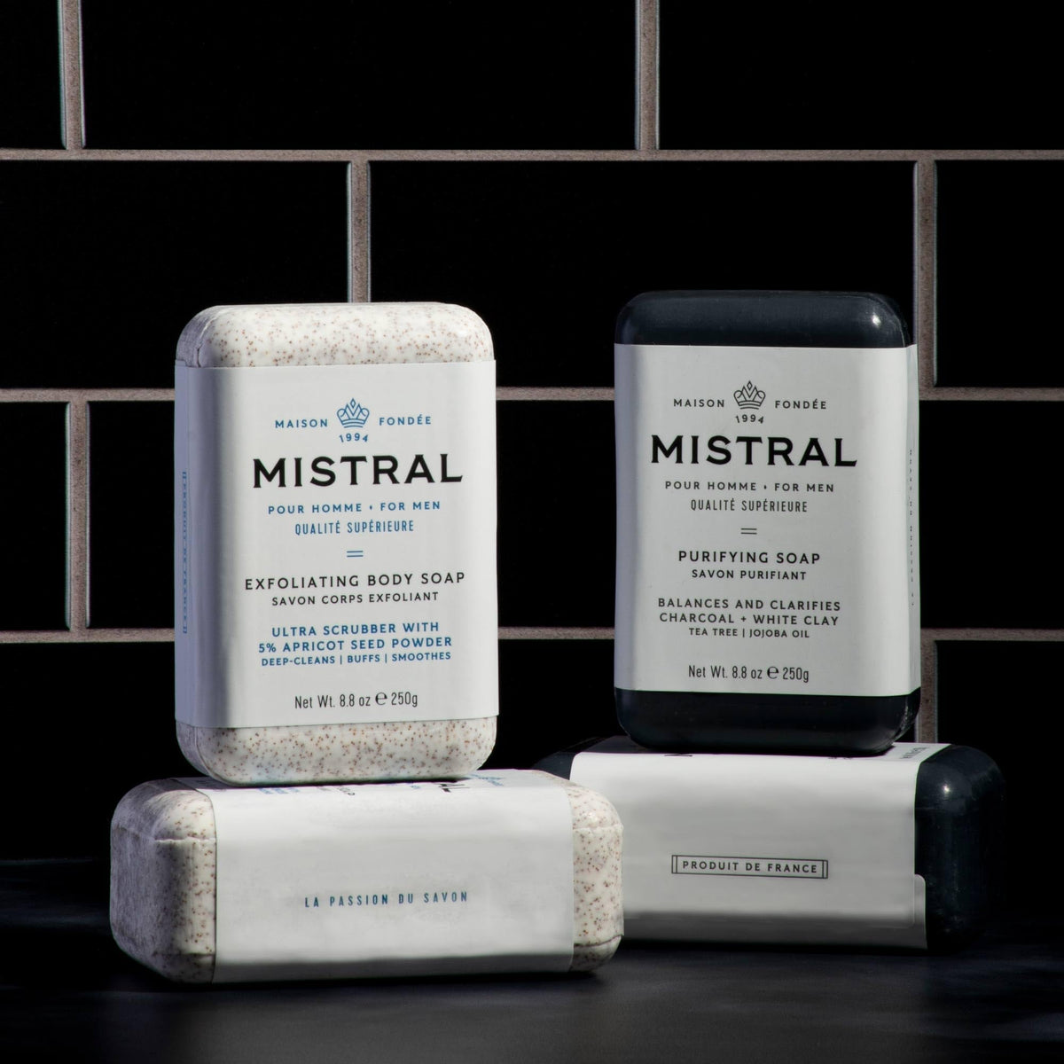 Mistral Exfoliating Bar Soap in shower scene illustrates daily cleansing and invigoration.