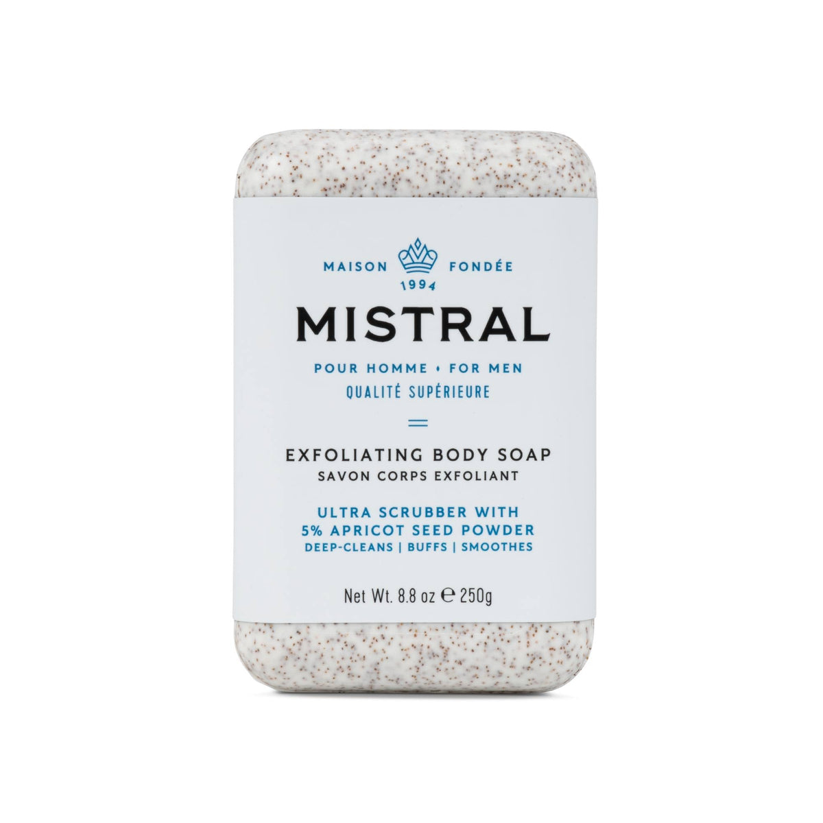 Mistral Exfoliating Bar Soap ingredients panel highlights apricot seed powder and minerals for gentle buffing.