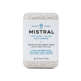 Mistral Exfoliating Bar Soap ingredients panel highlights apricot seed powder and minerals for gentle buffing.